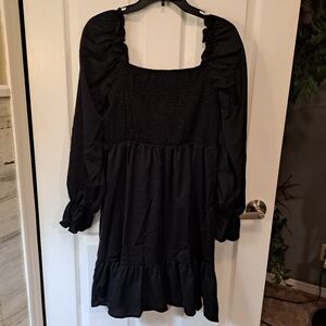 LYANER Black Square Neck Smocked Lantern Long Sleeve Mini